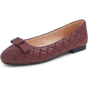 Feversole Women's Burgundy Quilted Toe Cap Synthetic Square Toe Ballet Flats